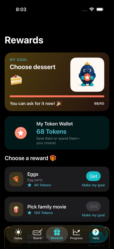 MiCHO child Rewards screen with a Token Wallet and reward choices